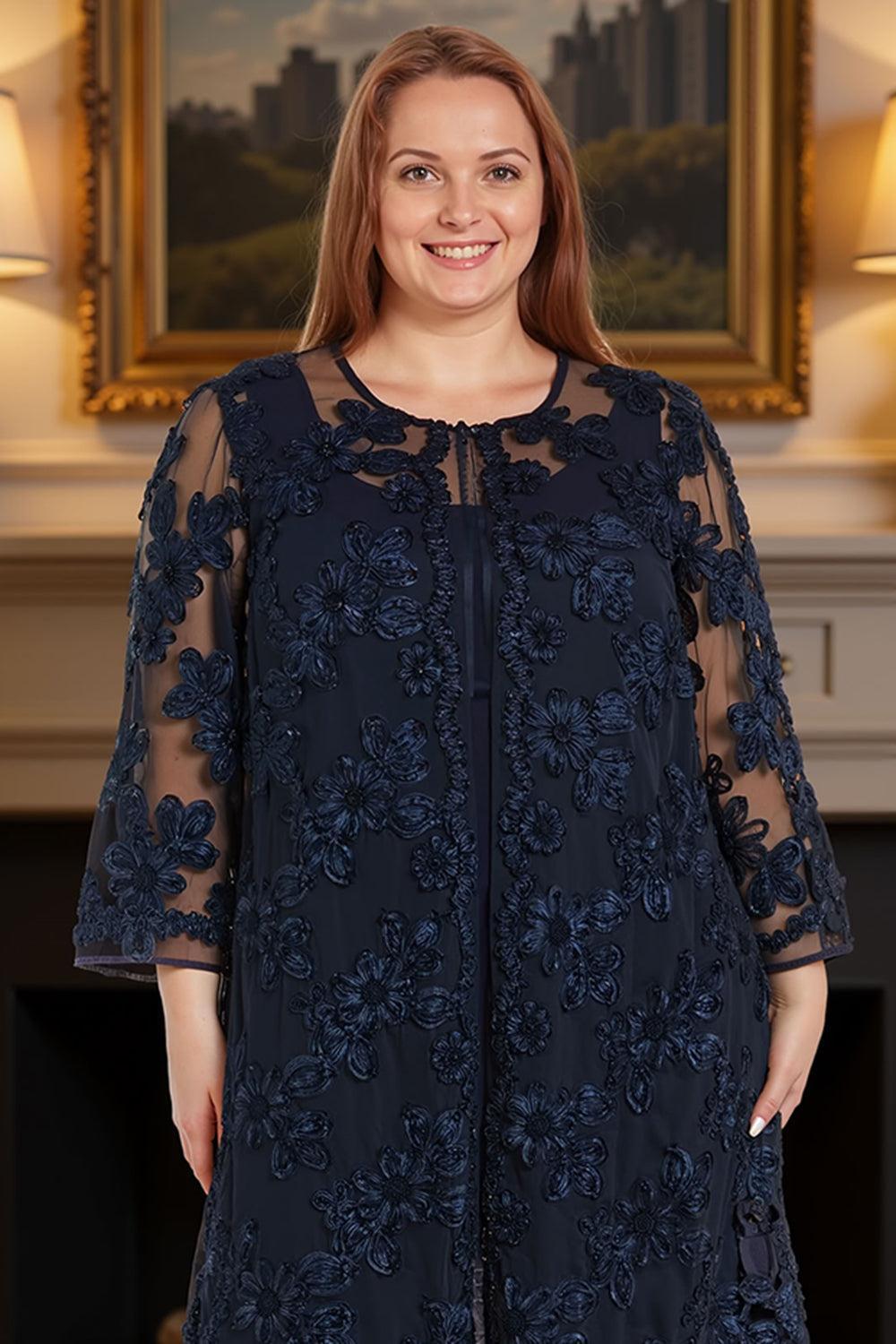 Dreamyannie Floral Lace Navy 3 Piece Mother Of The Bride Pant Suits With Jacket