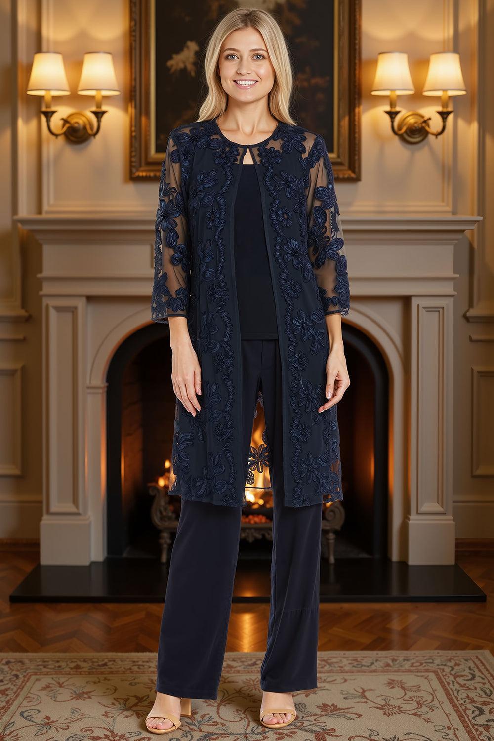 Dreamyannie Floral Lace Navy 3 Piece Mother Of The Bride Pant Suits With Jacket