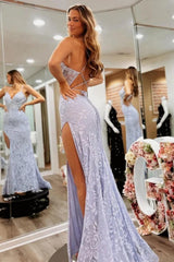 Dreamyannie Floral Lavender Lace Spaghetti Straps Lace Up Prom Gown With Slit Formal Evening Gown