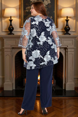 Dreamyannie Floral Navy Lace 3 Piece Plus Size Mother Of The Bride Pant Suits With Jacket