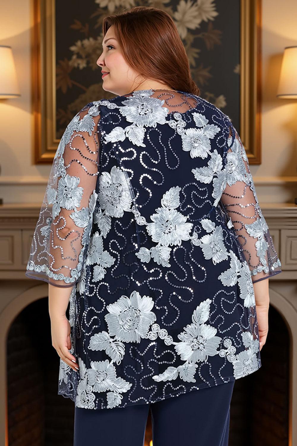 Dreamyannie Floral Navy Lace 3 Piece Plus Size Mother Of The Bride Pant Suits With Jacket