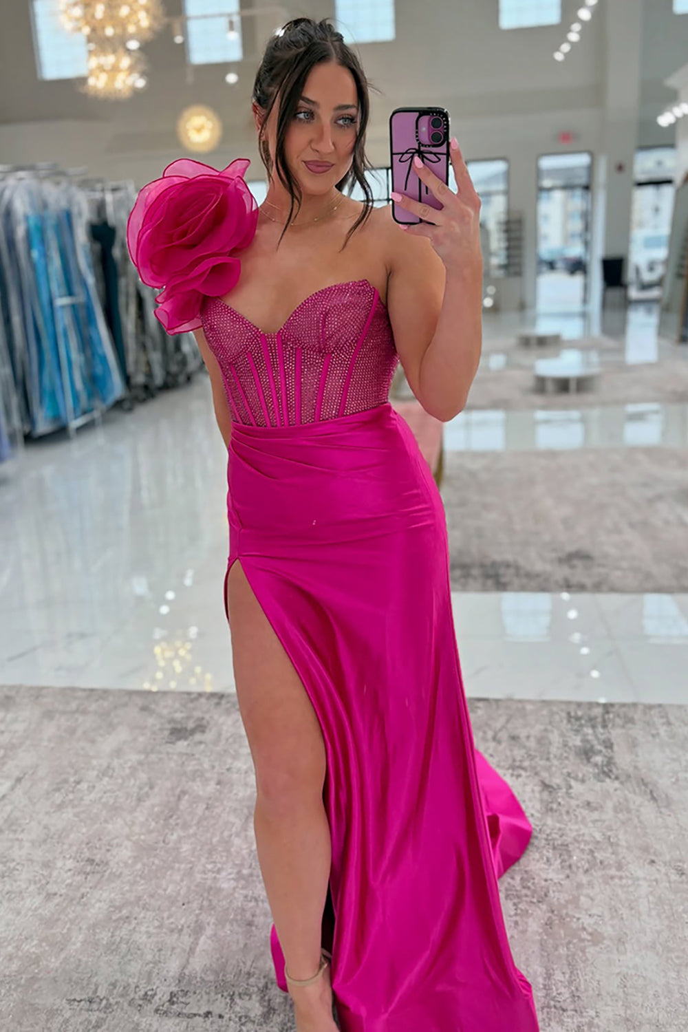 Dreamyannie Floral Navy Prom Dress Corset One Shoulder Evening Dress With Slit