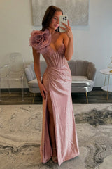 Dreamyannie Floral Navy Prom Dress Corset One Shoulder Evening Dress With Slit