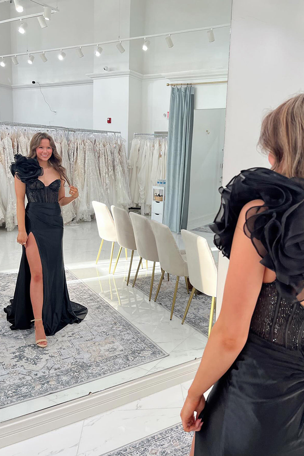 Dreamyannie Floral Navy Prom Dress Corset One Shoulder Evening Dress With Slit
