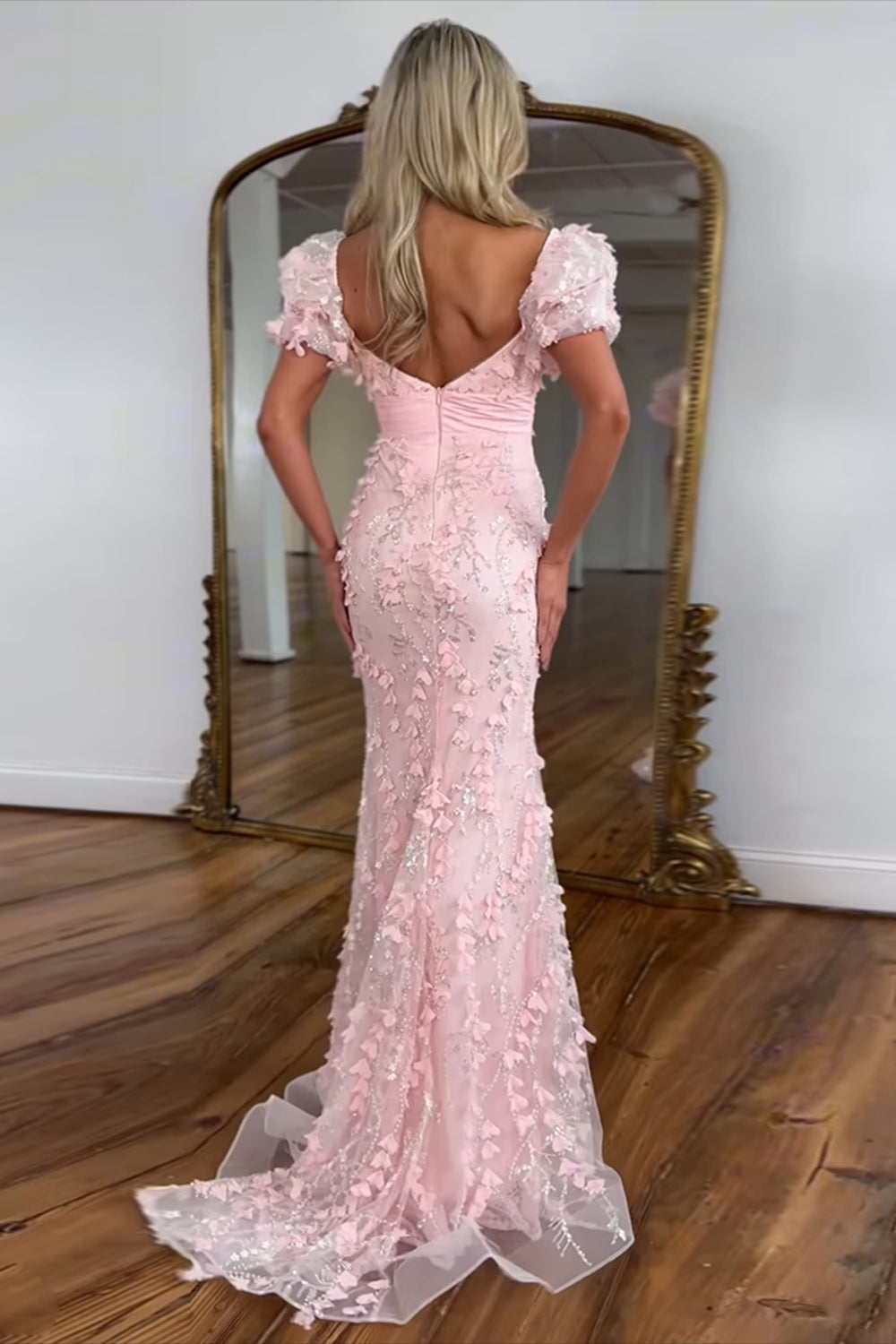 Dreamyannie Floral Pink Prom Dress Mermaid Long Formal Dress With Puffsleeves