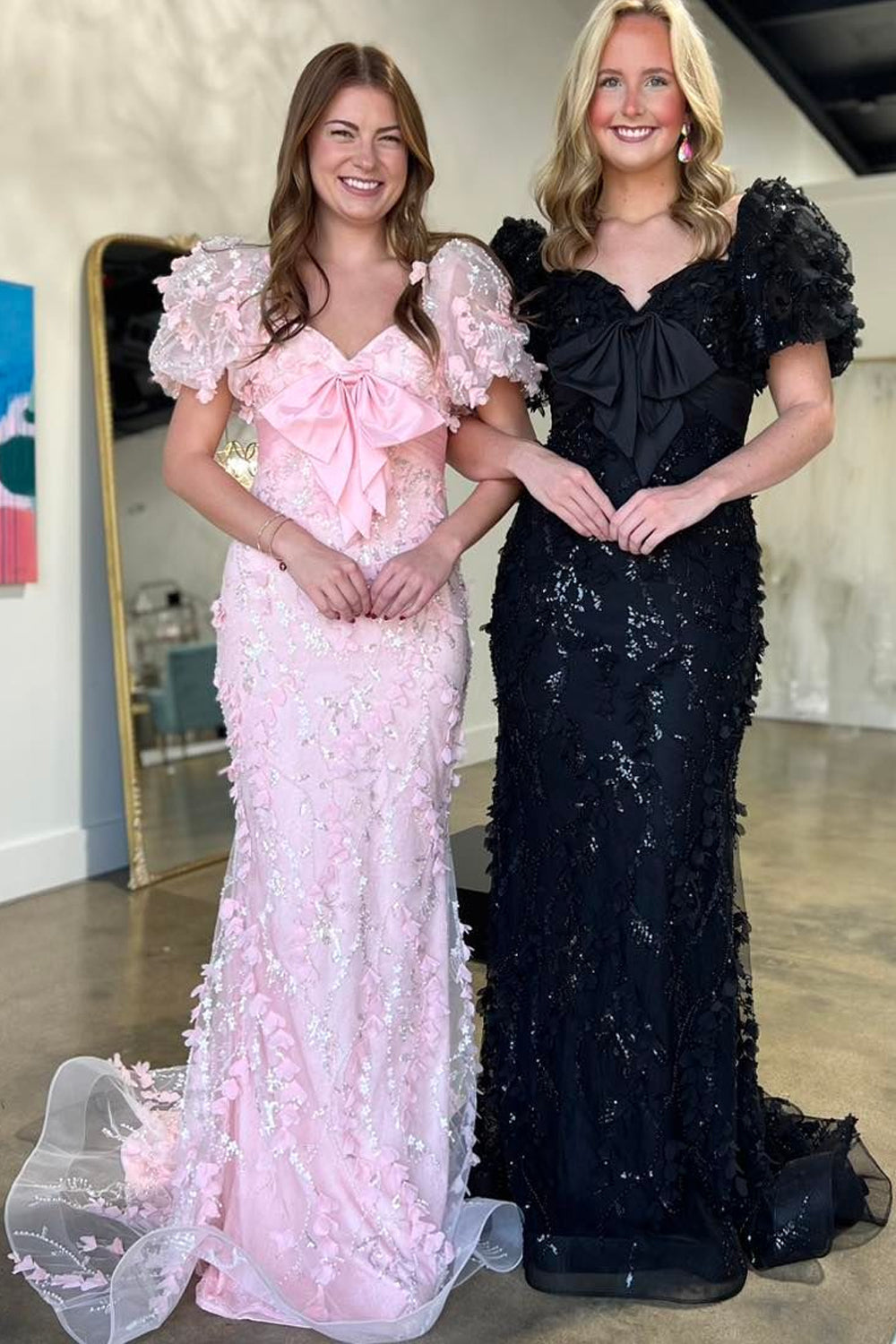 Dreamyannie Floral Pink Prom Dress Mermaid Long Formal Dress With Puffsleeves