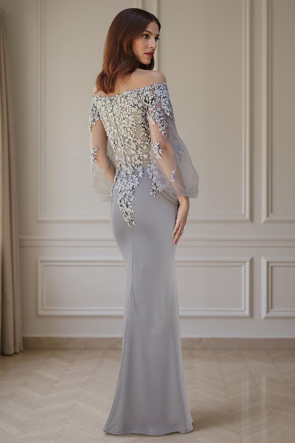Dreamyannie Floral Silver Mermaid Off The Shoulder Floor Length Mother Of The Bride Dress