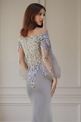 Dreamyannie Floral Silver Mermaid Off The Shoulder Floor Length Mother Of The Bride Dress