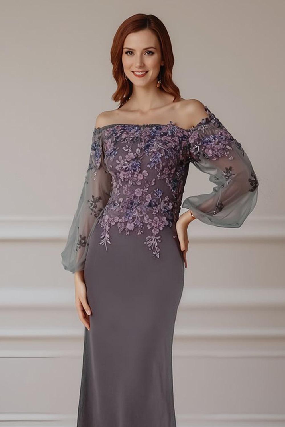 Dreamyannie Floral Silver Mermaid Off The Shoulder Floor Length Mother Of The Bride Dress