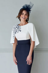 Dreamyannie Floral White And Navy Bodycon Midi Mother Of The Bride Dress With Cape