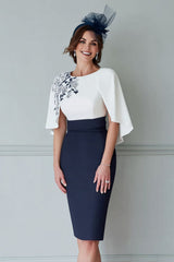 Dreamyannie Floral White And Navy Bodycon Midi Mother Of The Bride Dress With Cape