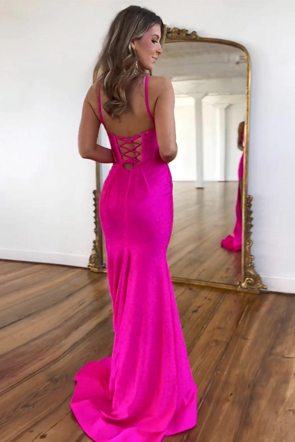 Dreamyannie Fuchsia Beaded Mermaid Prom Dress With Spaghetti Straps And Lace-Up Back Formal Evening Gown