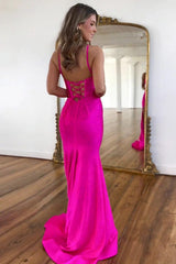 Dreamyannie Fuchsia Beaded Mermaid Prom Dress With Spaghetti Straps And Lace-Up Back Formal Evening Gown