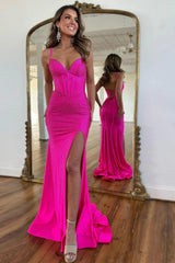 Dreamyannie Fuchsia Beaded Mermaid Prom Dress With Spaghetti Straps And Lace-Up Back Formal Evening Gown