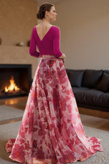 Dreamyannie Fuchsia Floral Chiffon V Neck A Line Floor Length Mother Of The Bride Dress