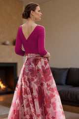 Dreamyannie Fuchsia Floral Chiffon V Neck A Line Floor Length Mother Of The Bride Dress