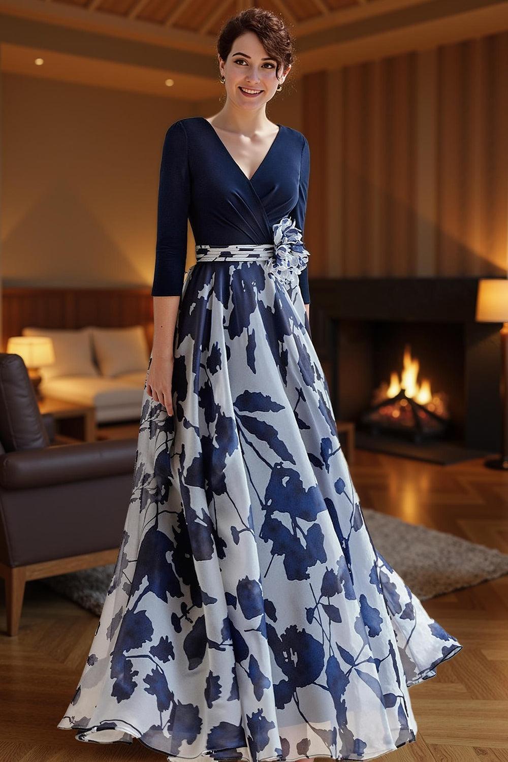 Dreamyannie Fuchsia Floral Chiffon V Neck A Line Floor Length Mother Of The Bride Dress