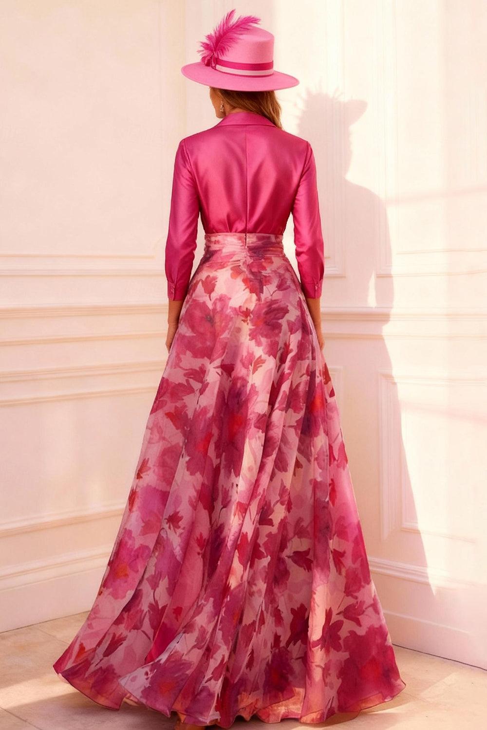 Dreamyannie Fuchsia Floral Lapel A Line Floor Length Mother Of The Bride Dress
