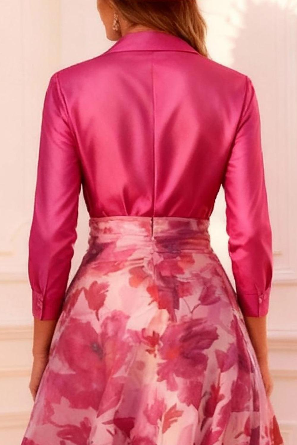Dreamyannie Fuchsia Floral Lapel A Line Floor Length Mother Of The Bride Dress