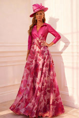 Dreamyannie Fuchsia Floral Lapel A Line Floor Length Mother Of The Bride Dress