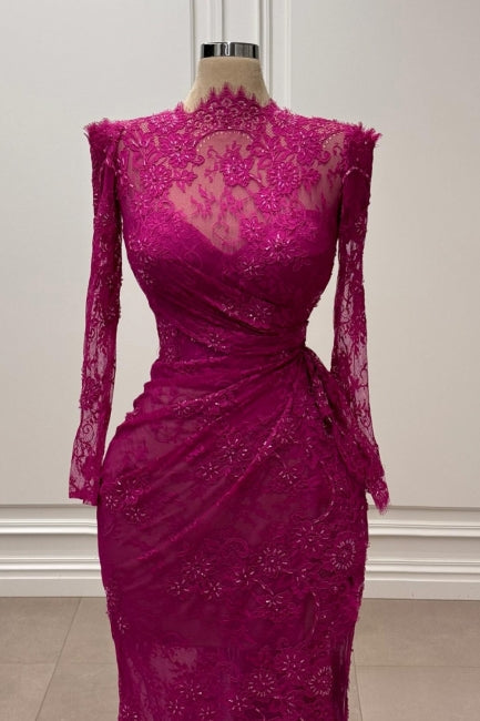 Dreamyannie Fuchsia Mermaid Prom Dress High Neck Sleeves Lace Floor Length Simple Formal Dress