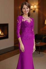 Dreamyannie Fuchsia Mermaid Satin Floor Length Mother Of The Bride Dress With Lace