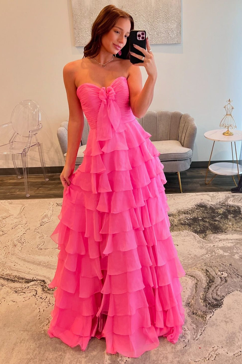 Dreamyannie Fuchsia Prom Dress A-Line Sweetheart Tiered Evening Dress With Slit