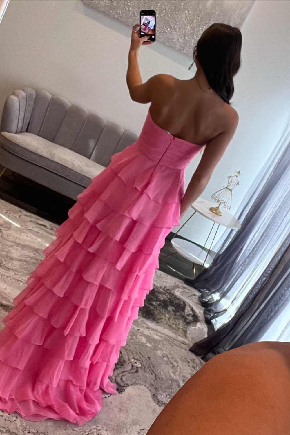 Dreamyannie Fuchsia Prom Dress A-Line Sweetheart Tiered Evening Dress With Slit