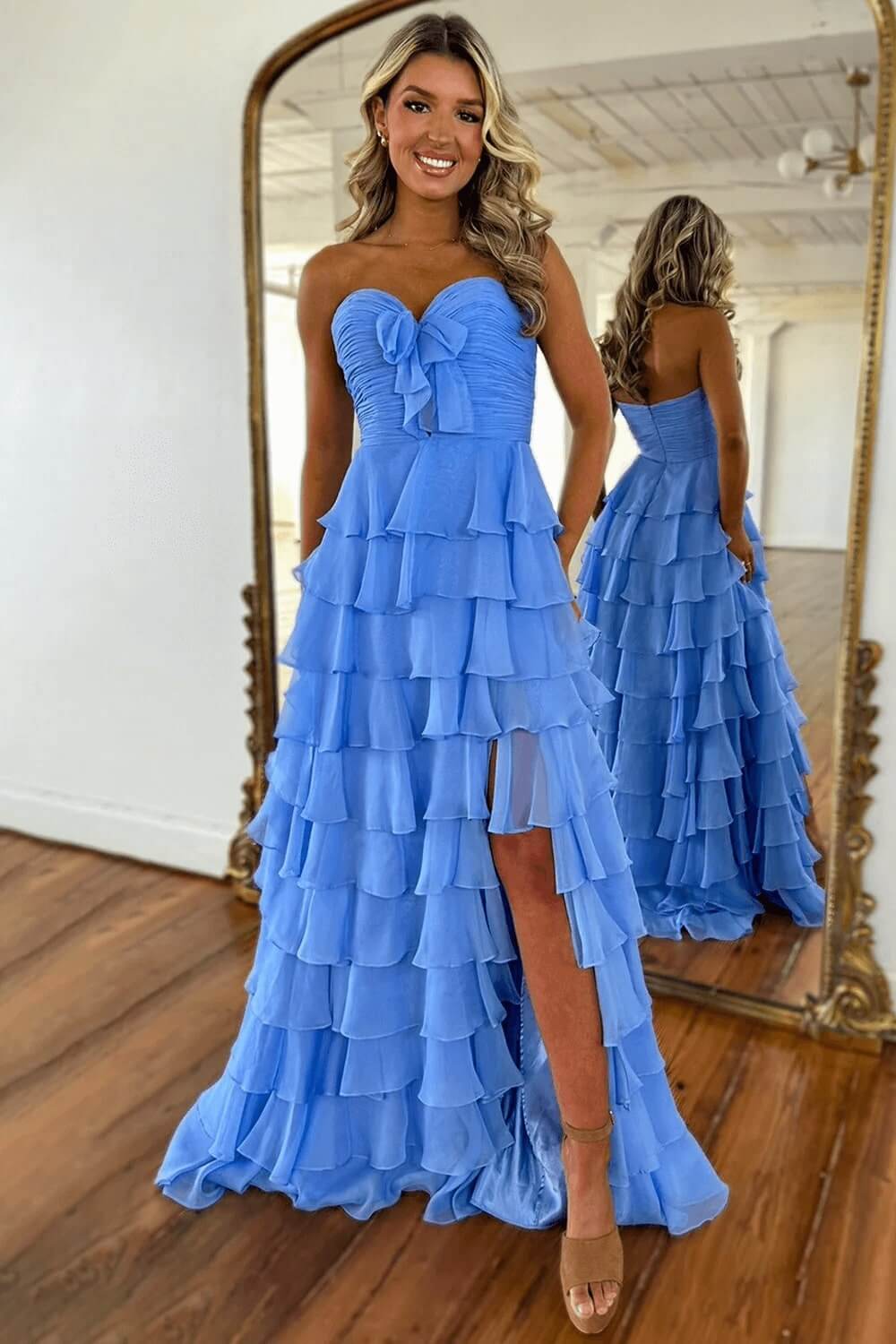 Dreamyannie Tiered Fuchsia Prom Dress A-Line Sweetheart Formal Dress With Slit