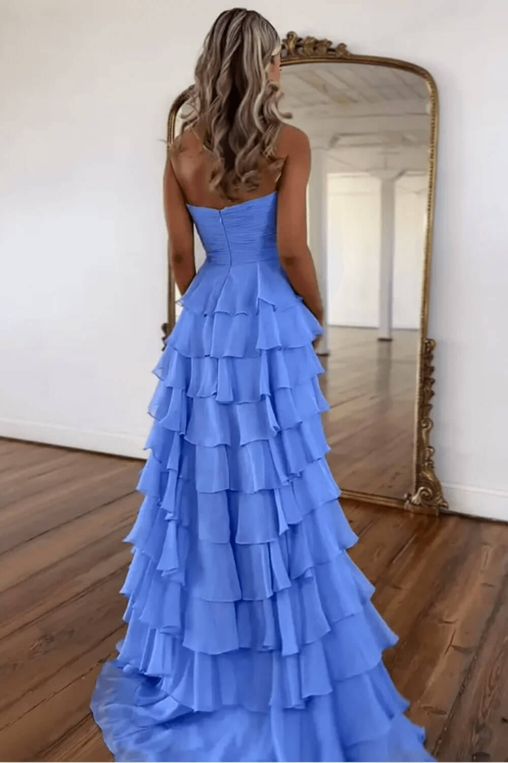 Dreamyannie Tiered Fuchsia Prom Dress A-Line Sweetheart Formal Dress With Slit