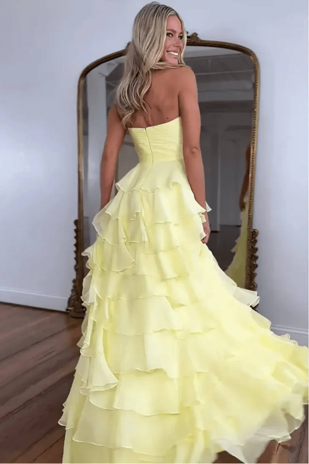 Dreamyannie Tiered Fuchsia Prom Dress A-Line Sweetheart Formal Dress With Slit