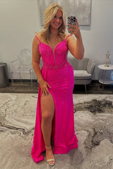 Dreamyannie Fuchsia Prom Dress Beaded Spaghetti Straps Formal Dress With Slit