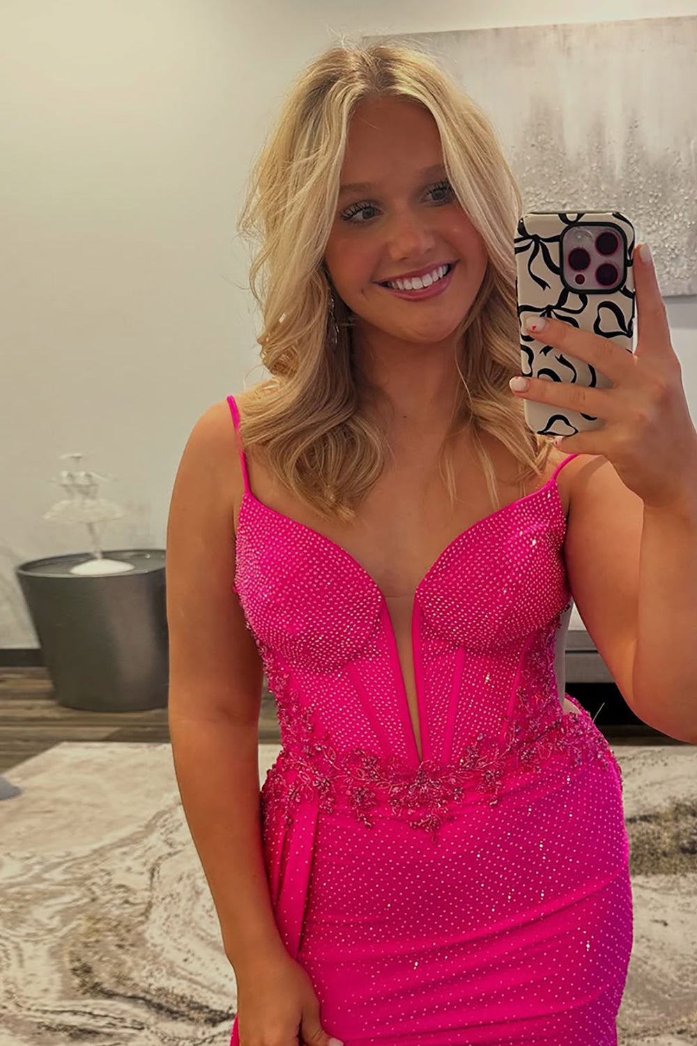 Dreamyannie Fuchsia Prom Dress Beaded Spaghetti Straps Formal Dress With Slit