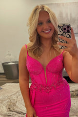 Dreamyannie Fuchsia Prom Dress Beaded Spaghetti Straps Formal Dress With Slit