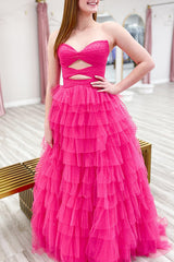 Dreamyannie Fuchsia Prom Dress Beaded Tulle Tiered A-Line Sweetheart Long Evening Dress