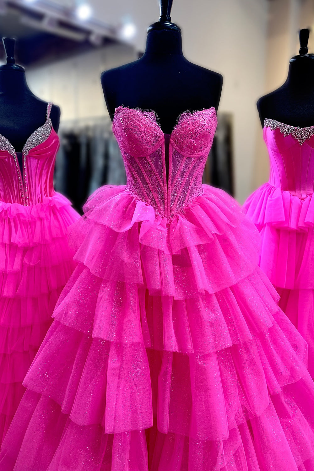 Dreamyannie Fuchsia Prom Dress Corset Ruffled A-Line Long Evening Dress With Lace