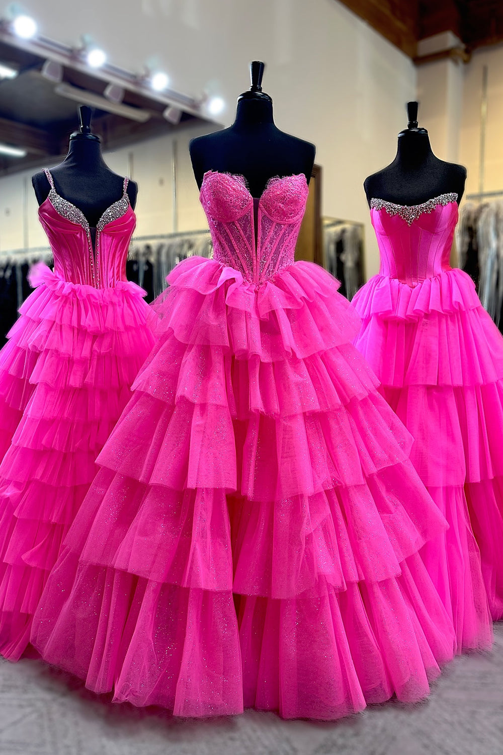 Dreamyannie Fuchsia Prom Dress Corset Ruffled A-Line Long Evening Dress With Lace