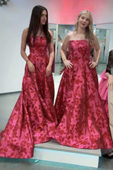 Dreamyannie Fuchsia Prom Dress Floral Embroidered A-Line Long Evening Dress
