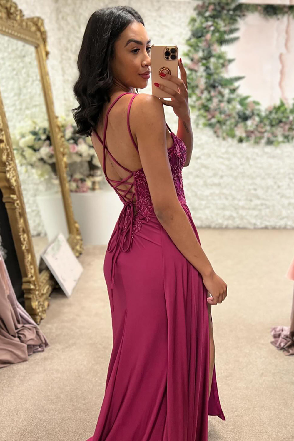 Dreamyannie Fuchsia Prom Dress Floral Mermaid Ruche Spaghetti Straps Long Evening Dress With Slit