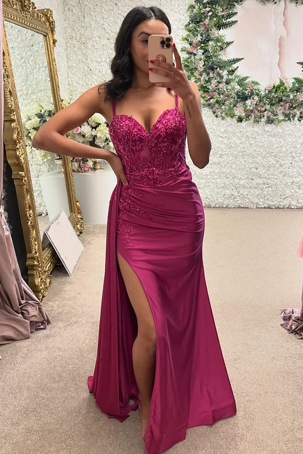 Dreamyannie Fuchsia Prom Dress Floral Mermaid Ruche Spaghetti Straps Long Evening Dress With Slit