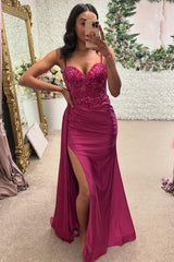 Dreamyannie Fuchsia Prom Dress Floral Mermaid Ruche Spaghetti Straps Long Evening Dress With Slit