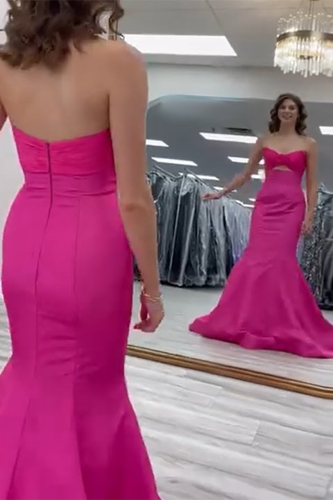 Dreamyannie Fuchsia Prom Dress Floral Mermaid Strapless Long Evening Dress