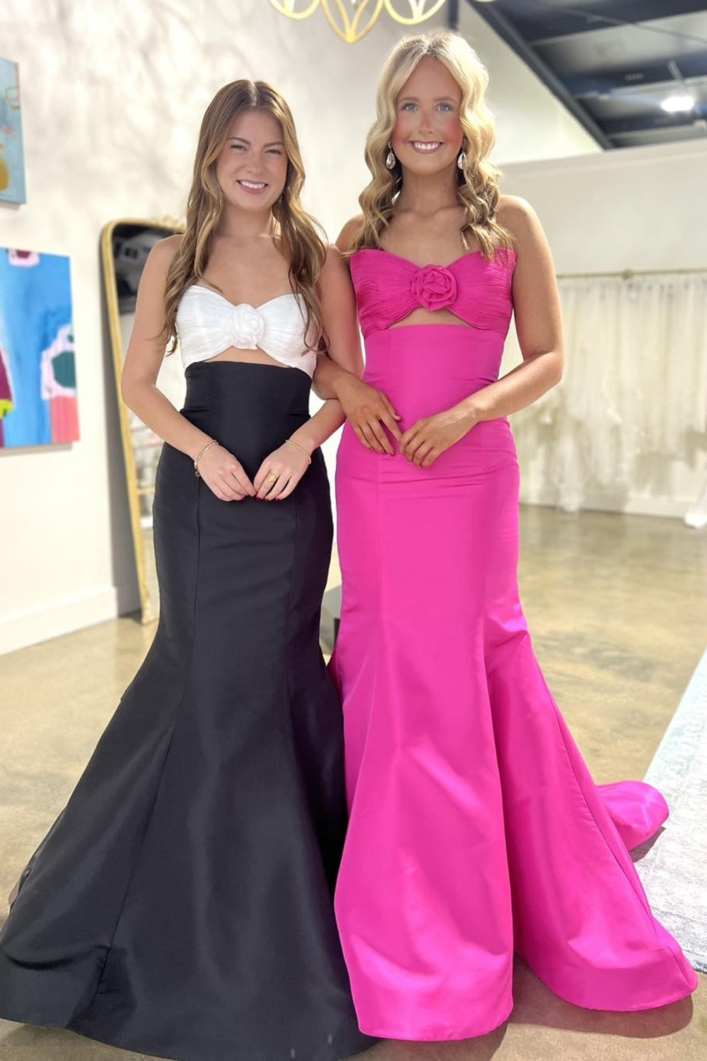 Dreamyannie Fuchsia Prom Dress Floral Mermaid Strapless Long Evening Dress