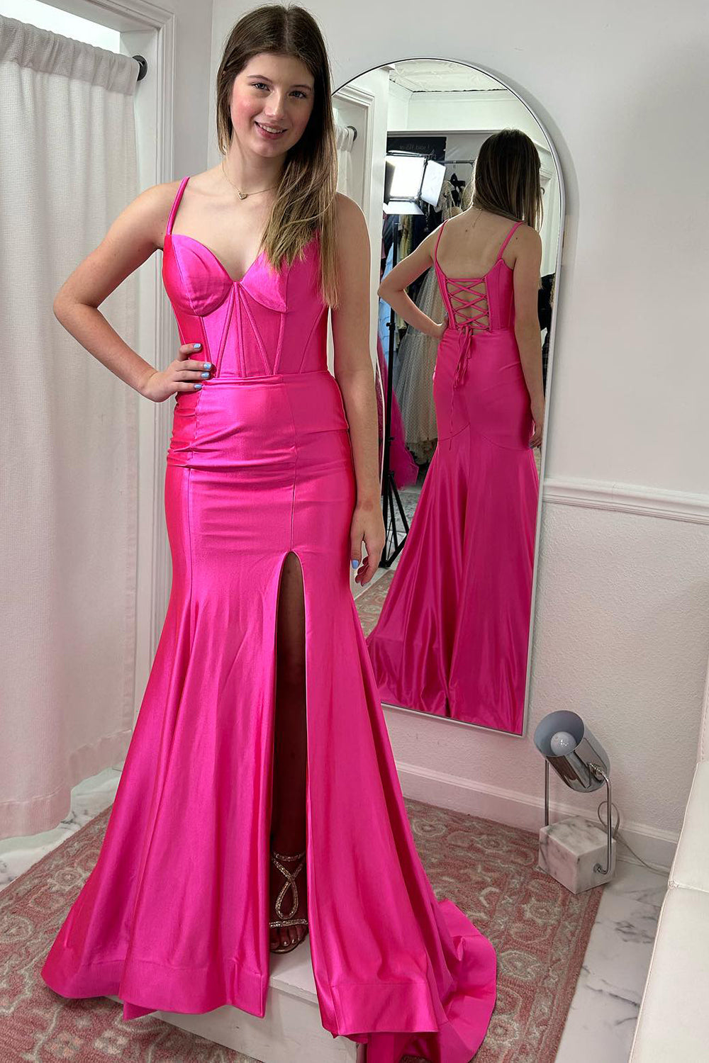 Dreamyannie Fuchsia Prom Dress Mermaid Corset Lace-Up Back Long Evening Dress With Slit