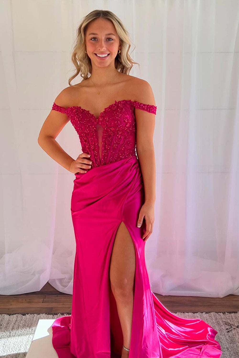 Dreamyannie Fuchsia Prom Dress Mermaid Off The Shoulder Corset Formal Dress With Appliques