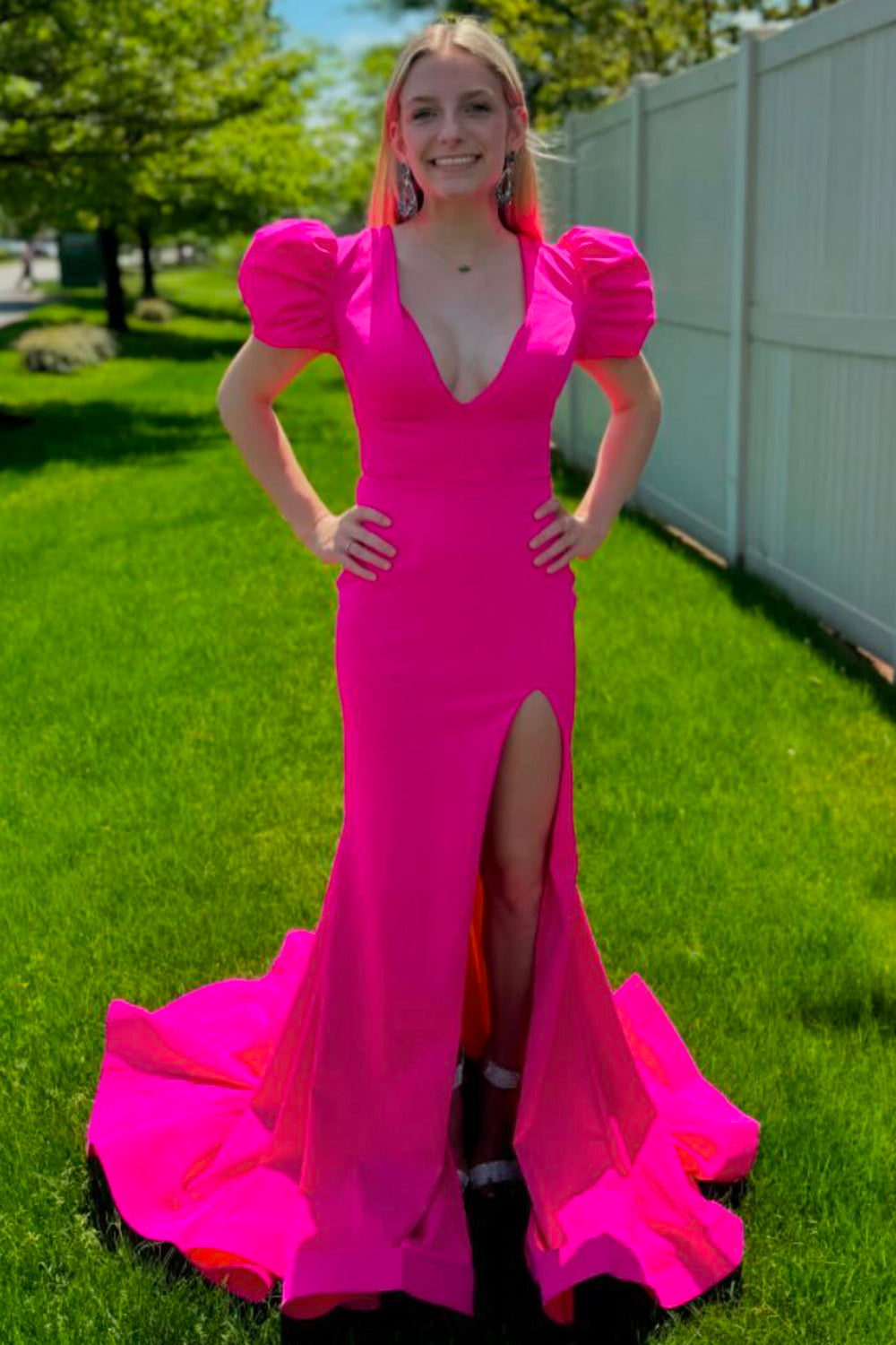 Dreamyannie Fuchsia Prom Dress Mermaid Puff Sleeves Long Evening Dress With Slit