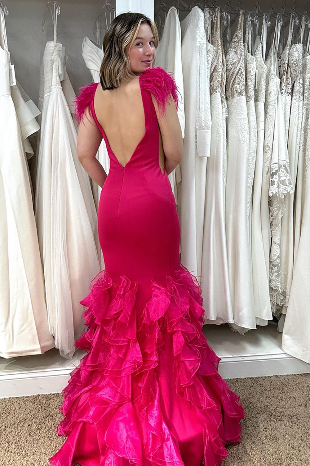 Dreamyannie Fuchsia Prom Dress Mermaid Ruffled Long Evening Dress With Feathers