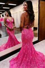 Dreamyannie Fuchsia Prom Dress Mermaid Sequins Long Backless Formal Dress