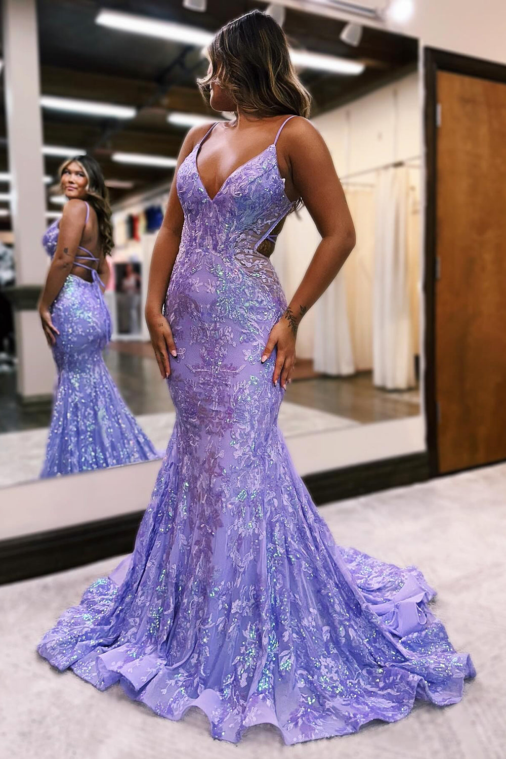 Dreamyannie Fuchsia Prom Dress Mermaid Sequins Long Backless Formal Dress