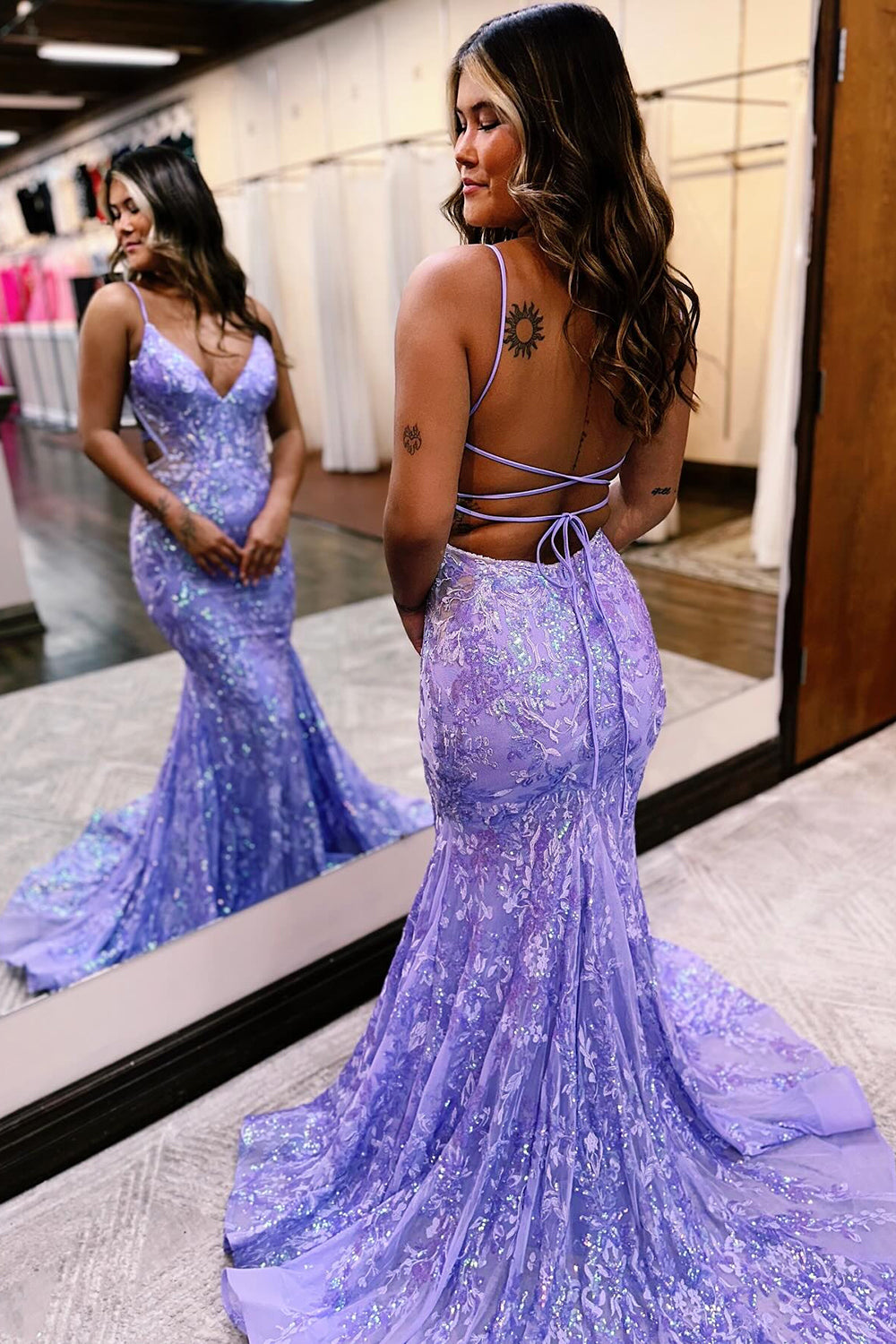 Dreamyannie Fuchsia Prom Dress Mermaid Sequins Long Backless Formal Dress